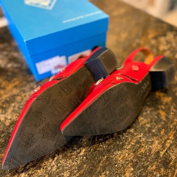 John Fluevog Red Slingback Heels with Gold Accents “Serena” - Picture 4 of 7